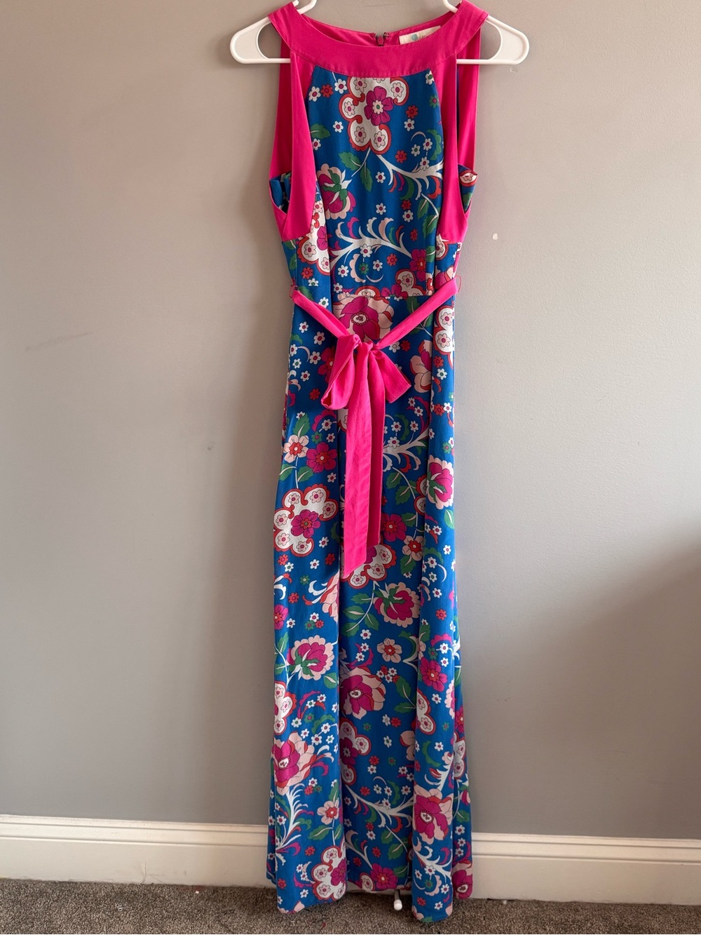 Boden Floral Maxi Dress Size 8 Blue Pink Sleeveless Tie‎ Waist NWOT
